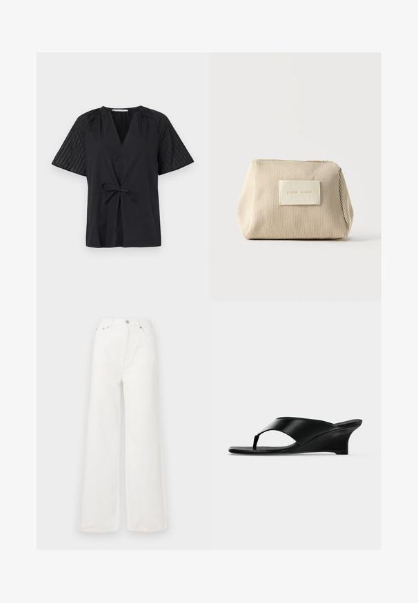 Camiseta negra con escote en V, manga corta y cintura con lazo. Presenta una tela texturizada y con estampado en las mangas y un cuerpo suave.; Jeans de mezclilla de cintura alta y pierna ancha en color blanco. Cuenta con bolsillos delanteros, un cierre de botón y detalles de dobladillo deshilachado.; Sandalia cuña de cuero negro con tira tipo tanga y puntera abierta, con un tacón bajo curvado y un diseño minimalista elegante.; Bolsa de tela beige con textura acanalada, cremallera en la parte superior y parche rectangular con texto en relieve en la parte delantera, sobre un fondo blanco liso.
