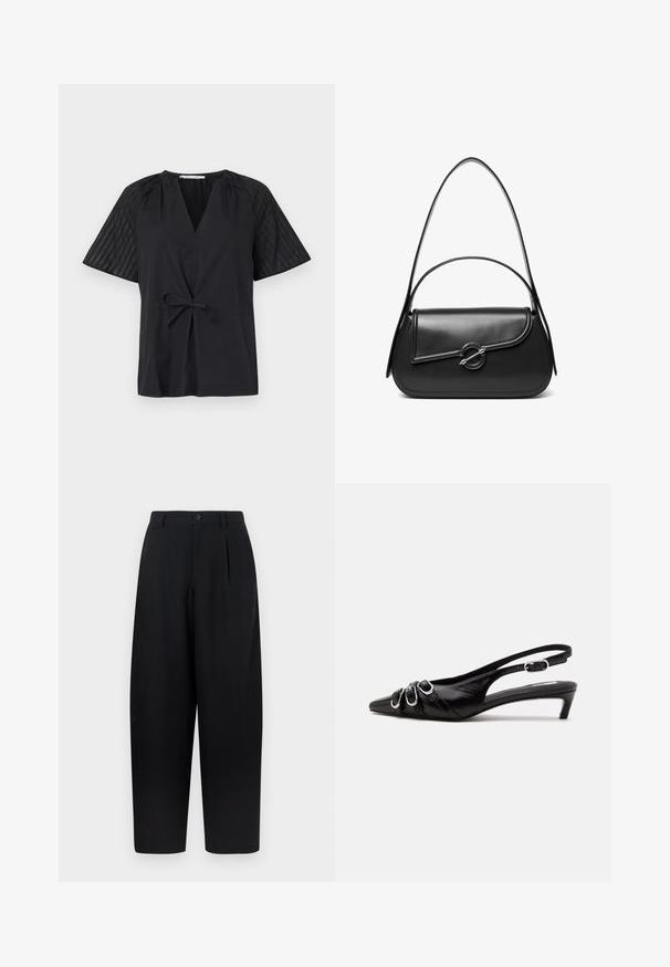 Camiseta negra con escote en V, manga corta y cintura con lazo. Presenta una tela texturizada y con estampado en las mangas y un cuerpo suave.; Pantalones negros de corte holgado, con pliegue delantero, cierre de botón y bajos rectos. Fabricados con una tela suave y ligera.; Zapato slingback de cuero negro con punta puntiaguda, tres hebillas plateadas en la parte delantera y tacón bajo tipo «kitten» sobre fondo blanco.; Bolso de hombro de cuero negro con una solapa curva asegurada por un broche metálico redondo y una correa delgada y ajustable.