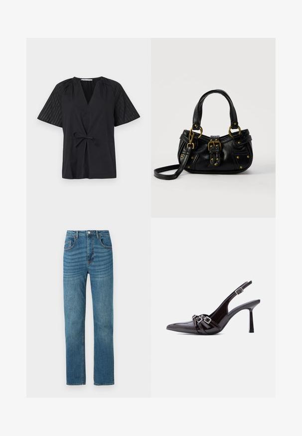 Sort top med V-hals, korte ærmer og bindebånd i taljen. Har tekstureret, mønstret stof på ærmerne og en glat krop.; Blå straight-leg jeans med fem lommer, knaplukning og diskrete horisontale falmede mønstre på den øverste front.; Sort slingback højhælet sko i laklæder med spids tå og tre dekorative spænder over vristen.; Sort læderhåndtaske med guldbælge og nitdetaljer, korte håndtag og en justerbar skulderrem på en ensfarvet hvid baggrund.