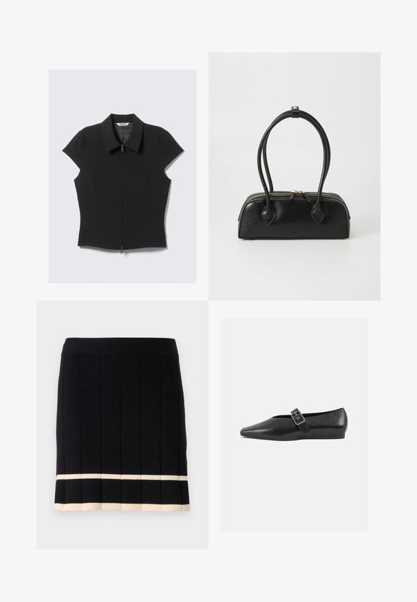 Blouse noire ajustée à manches courtes avec col pointu et fermeture éclair frontale, étiquetée "Weekday", présentée sur un fond clair.; Jupe noire en tricot avec des côtes verticales, présentant une bande crémeuse contrastante au bas de l'ourlet. Taille élastique. Design classique.; Chaussure plate en cuir noir avec un orteil pointu, présentant une sangle à boucle métallique sur le cou-de-pied et une semelle basse et flexible.; Sac à main en cuir noir avec deux anses allongées, fermeture éclair et forme arrondie ; texture lisse avec une finition légèrement brillante.