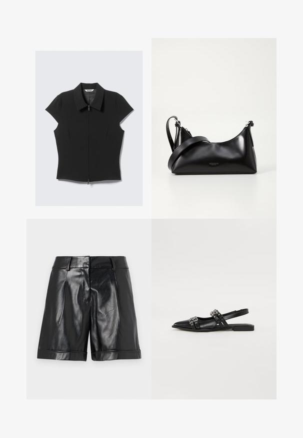 Blouse noire ajustée à manches courtes avec col pointu et fermeture éclair frontale, étiquetée "Weekday", présentée sur un fond clair.; Shorts en cuir noir avec une finition brillante, des plis avant et un ourlet roulé. Design épuré avec une taille ajustée et un matériel minimal.; Even&Odd by Zalando Ballerines à brides arrière - black; Sac à main en cuir noir avec une texture lisse. Dispose d'une bandoulière adjustable et d'un design élégant et minimaliste avec une fermeture éclair.