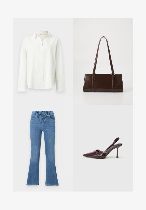 Chemise blanche à manches longues avec boutonnière, texture subtile à côtes verticales et larges poignets, dotée d'un col classique et d'une coupe décontractée.; ONLY Petite ONLPOWER MID TILE - Jean flare - medium blue denim; Escarpin slingback en cuir verni bordeaux avec bout pointu, fine bride à la cheville et petit détail décoratif de boucle. Texture lisse et talon haut.; Sac à main en cuir verni marron de forme rectangulaire, avec deux longues poignées et des accents courbés subtils à l'avant.