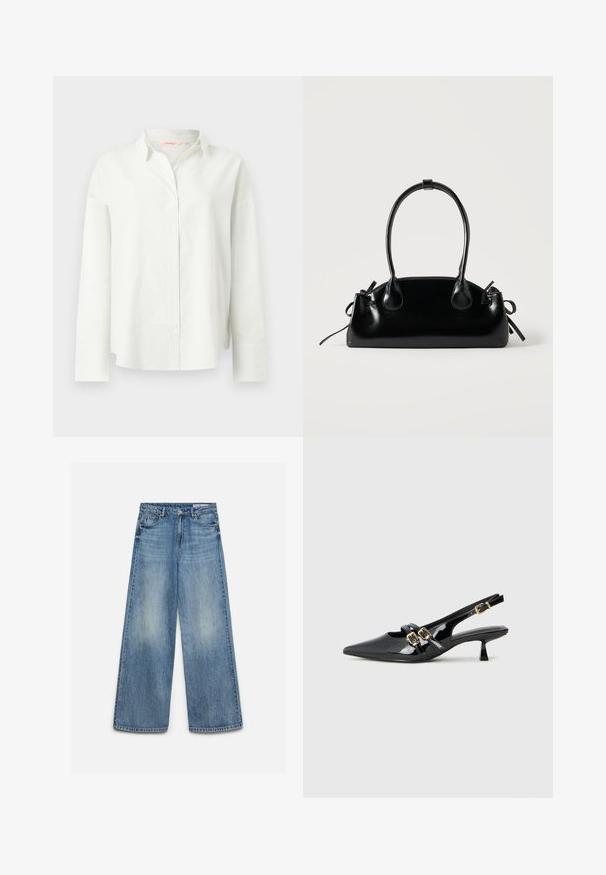 Chemise blanche à manches longues avec boutonnière, texture subtile à côtes verticales et larges poignets, dotée d'un col classique et d'une coupe décontractée.; Jean en denim bleu à jambes larges avec un effet délavé à l'avant, bouton avant, fermeture éclair et poches avant avec passants de ceinture.; Talons slingback en cuir verni noir avec un bout pointu, deux brides comprenant des boucles dorées, et un petit talon kitten. Texture lisse.; Petit sac à main noir brillant avec deux longues anses et des détails à cordon sur les côtés sur un fond clair uni.