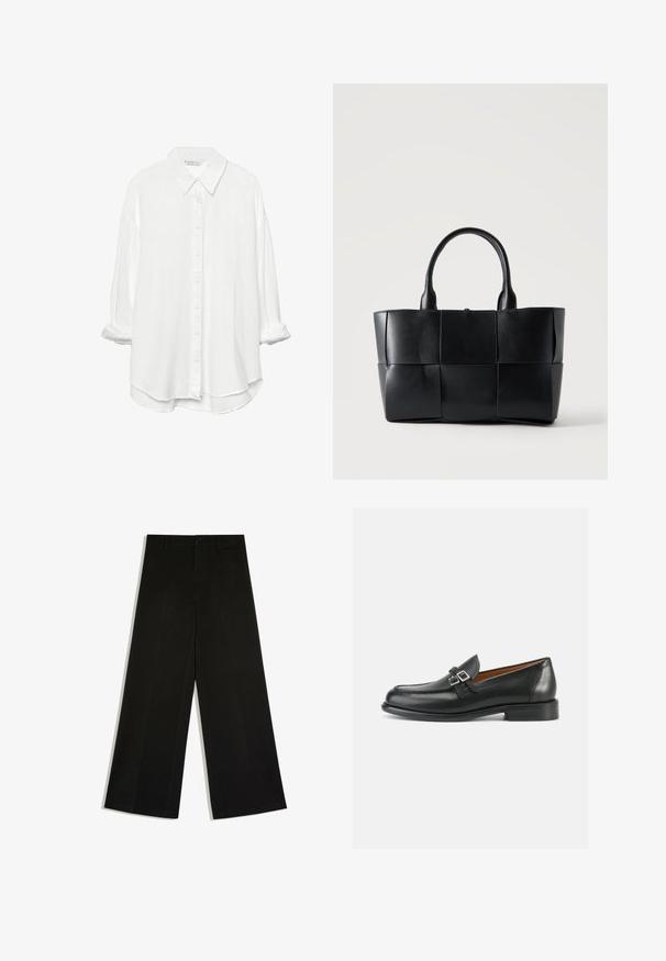 Stradivarius RUSTIKALES DAILY - Chemisier - white; Pantalon noir à jambes larges avec passants de ceinture, fermeture devant par bouton et zip, posé à plat sur fond blanc.; Mocassins en cuir noir avec un design cousu, comportant un double accent boucle et un talon légèrement surélevé pour plus de hauteur.; Sac fourre-tout en cuir noir avec de grands panneaux carrés tissés et deux poignées arrondies sur un fond clair uni.