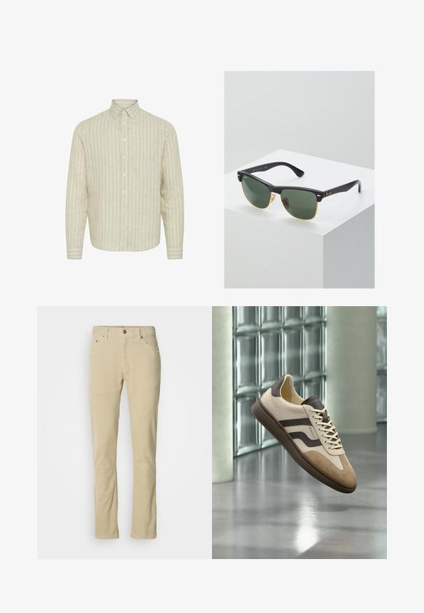 Lys beige langærmet skjorte med lodrette striber. Lavet af et tekstureret stof, har en knap-nej krave og knapper fortil.; Beige corduroy bukser med frontknap, lynlås, fem lommer og lige ben imod en ensfarvet hvid baggrund.; Beige og brun afslappet sneaker med ruskindstå, mærket sidestribe og snørebånd, svævende indendørs på poleret betongulv.; Ray-Ban solbriller med grønne linser, sorte plastikstel og gyldne detaljer ved kanterne. Firkantet form med mat finish.