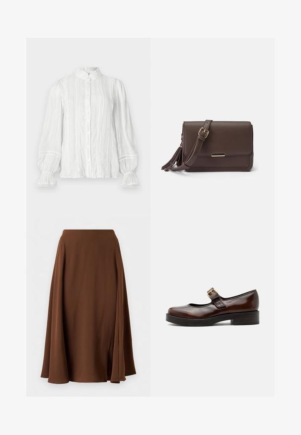 Weiße Bluse mit Knopfleiste, gerafftem Kragen, vertikalen Streifen und strukturiertem Stoff. Mit elastischen Puffärmeln und Spitzenbesatz.; Brauner knielanger Rock mit A-Linien-Silhouette und dezenten seitlichen Falten, aus glattem, fließendem Stoff gefertigt.; Dunkelbrauner Mary Jane Schuh mit glänzendem Finish, runder Spitze, niedrigem Blockabsatz und goldener Schnalle über dem Spann.; Braune Schultertasche aus Kunstleder mit Klappenverschluss, goldfarbener Hardware und seitlichem Quasten-Detail. Verstellbarer Riemen für vielseitigen Tragekomfort.