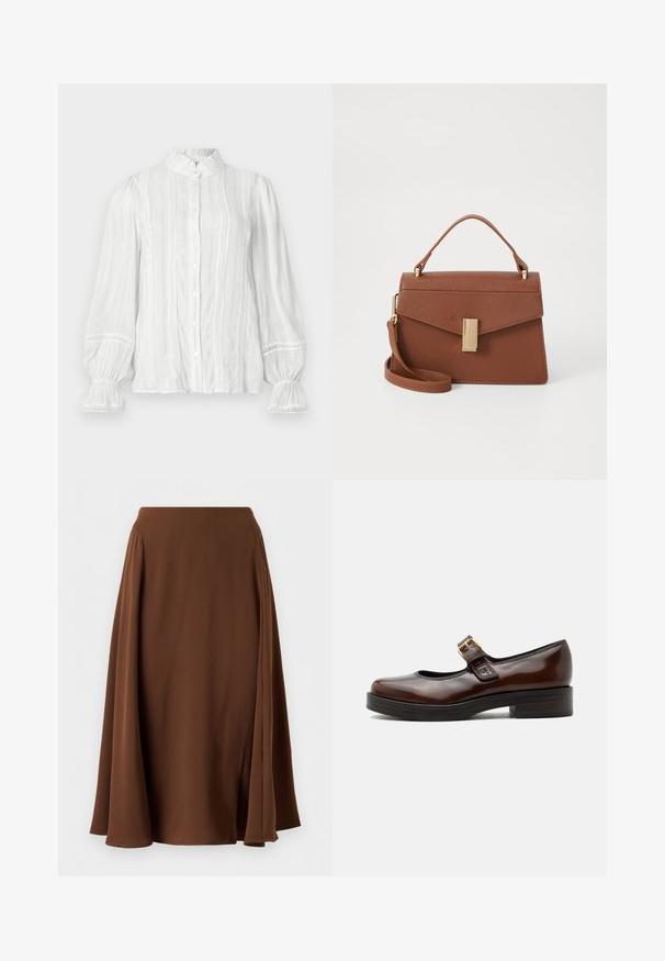 Blusa blanca de botón con cuello voluminoso, rayas verticales y tejido texturizado. Presenta mangas abullonadas con elástico y adornos de encaje.; Falda marrón hasta la rodilla con silueta en línea A y pliegues laterales sutiles, hecha de tela suave y fluida.; Zapato Mary Jane marrón oscuro con acabado brillante, puntera redondeada, tacón bajo tipo bloque y hebilla dorada sobre el empeine.; Bolso de mano de imitación cuero marrón con un diseño estructurado, asa superior, correa desmontable y un cierre en tono dorado. Superficie texturizada con solapa angular.