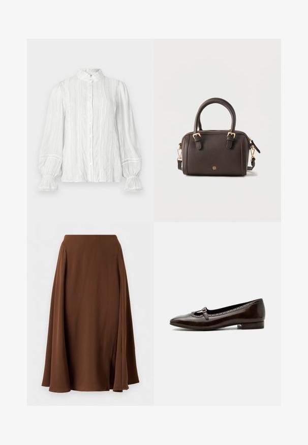 Weiße Bluse mit Knopfleiste, gerafftem Kragen, vertikalen Streifen und strukturiertem Stoff. Mit elastischen Puffärmeln und Spitzenbesatz.; Brauner knielanger Rock mit A-Linien-Silhouette und dezenten seitlichen Falten, aus glattem, fließendem Stoff gefertigt.; Dunkelbrauner Lackleder-Mary-Jane-Schuh mit niedrigem Absatz, rundem Zehenbereich und kleinem Schnallenriemen über dem Spann.; Dunkelbraune Lederhandtasche mit zwei oberen Griffen, abnehmbarem Schulterriemen, goldfarbenen Schnallen, Reißverschluss und kleinem rundem Logo vorne.