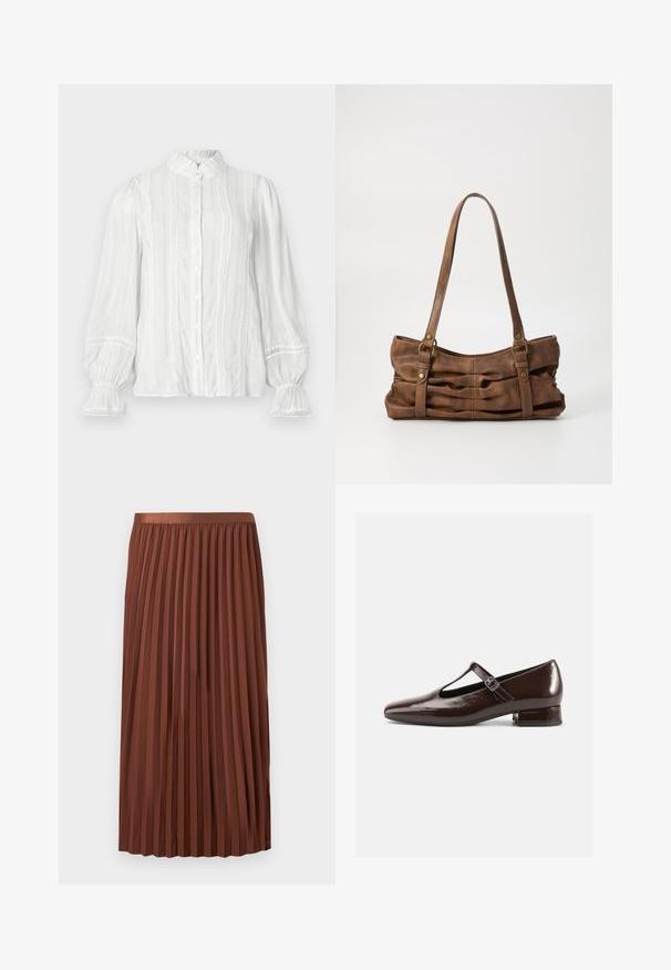 Blusa blanca de botón con cuello voluminoso, rayas verticales y tejido texturizado. Presenta mangas abullonadas con elástico y adornos de encaje.; Falda midi plisada de color marrón con cinturilla elástica, colgada y extendida sobre un fondo blanco.; Zapatos Mary Jane de charol marrón con punta redondeada, diseño recortado y una correa ajustable. Tacón bajo y ancho.; Even&Odd Bolso de mano - brown