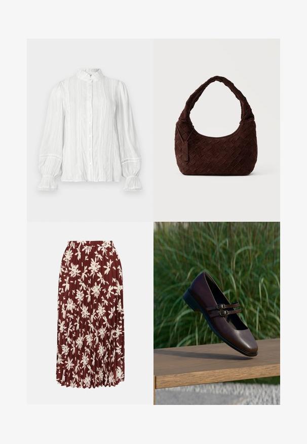 Blusa blanca de botón con cuello voluminoso, rayas verticales y tejido texturizado. Presenta mangas abullonadas con elástico y adornos de encaje.; Falda midi plisada con estampado floral blanco sobre tela rojo oscuro y cinturilla elástica.; Zapato Mary Jane de cuero marrón oscuro con doble tira de hebillas, exhibido sobre una superficie de madera con fondo de hierba verde.; Bolso de hombro tejido de cuero marrón oscuro con una forma suave y redondeada y asa ancha, con una pequeña etiqueta de cuero adjunta.