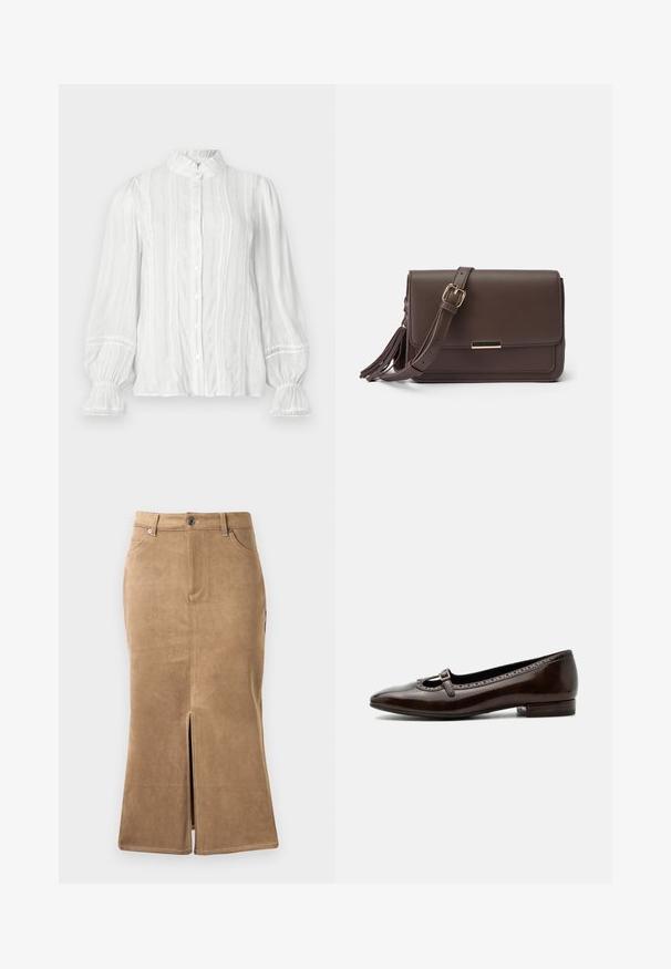 Blusa blanca de botón con cuello voluminoso, rayas verticales y tejido texturizado. Presenta mangas abullonadas con elástico y adornos de encaje.; Falda midi de ante marrón con una abertura frontal, costuras en contraste y diseño de cinco bolsillos. Textura suave y forma ajustada.; Zapato Mary Jane de piel patentada marrón oscuro con tacón bajo, puntera redondeada y pequeña correa con hebilla en la parte superior.; Bolso cruzado de imitación cuero marrón con cierre de solapa, herrajes en tono dorado y detalle de borlas en el lateral. Correa ajustable para un uso versátil.