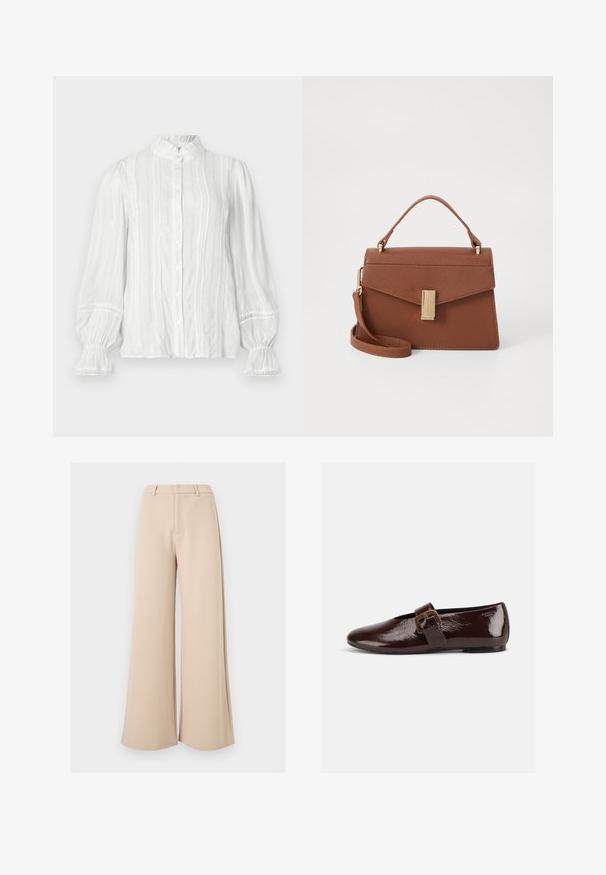 Blusa blanca de botón con cuello voluminoso, rayas verticales y tejido texturizado. Presenta mangas abullonadas con elástico y adornos de encaje.; Pantalones beige de tiro alto y pierna ancha con trabillas para el cinturón y cierre frontal oculto sobre fondo blanco.; Zapato plano de charol marrón oscuro con una gran hebilla dorada y puntera redondeada, mostrado de perfil sobre un fondo blanco.; Bolso de mano de imitación cuero marrón con un diseño estructurado, asa superior, correa desmontable y un cierre en tono dorado. Superficie texturizada con solapa angular.