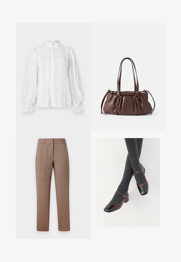 Blusa blanca de botón con cuello voluminoso, rayas verticales y tejido texturizado. Presenta mangas abullonadas con elástico y adornos de encaje.; Pantalones tailored de color marrón claro con una textura suave, parte delantera plana, bolsillos laterales y un diseño de pierna recta. La tela presenta un patrón sutil.; Zapatos Mary Jane de cuero burdeos con una puntera de charol negra y una delgada correa al tobillo; llevados con calcetas de canalé gris oscuro. Tacón bajo tipo bloque.; Bolso de cuero marrón con dos asas largas, diseño acanalado, acentos de hardware en tono dorado y un acabado texturizado.