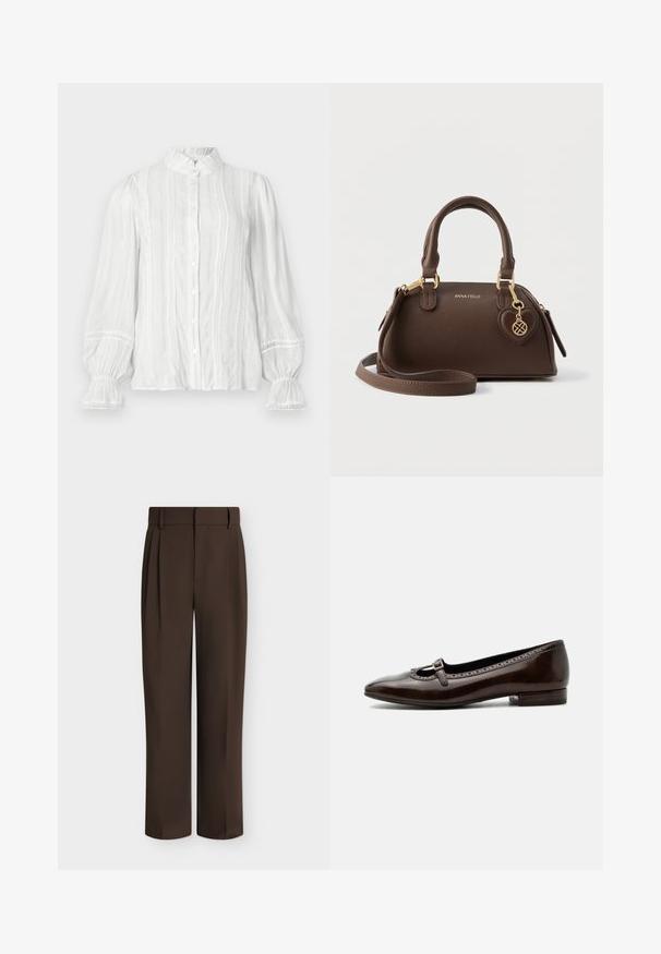Blusa blanca de botón con cuello voluminoso, rayas verticales y tejido texturizado. Presenta mangas abullonadas con elástico y adornos de encaje.; Pantalones formales de corte recto en color marrón oscuro con trabillas para cinturón y pliegues delanteros, mostrados sobre un fondo claro y liso.; Zapato Mary Jane de piel patentada marrón oscuro con tacón bajo, puntera redondeada y pequeña correa con hebilla en la parte superior.; Bolso sintético marrón con forma redondeada, dos asas superiores y correa de hombro desmontable. Cuenta con herrajes dorados y un colgante en forma de corazón.