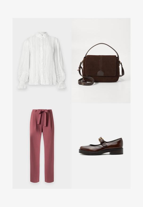 Blusa blanca de botón con cuello voluminoso, rayas verticales y tejido texturizado. Presenta mangas abullonadas con elástico y adornos de encaje.; Pantalones de pierna recta en color malva con un cinturón de tela anudado en un lazo en la cintura y pliegues delanteros.; Zapato Mary Jane marrón oscuro con acabado brillante, puntera redondeada, tacón bajo tipo bloque y hebilla dorada sobre el empeine.; Bandolera de ante marrón con una tapa frontal plana, detalles en cuero marrón, correa ajustable y un diseño minimalista.