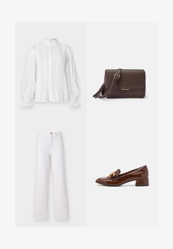 Blusa blanca de botón con cuello voluminoso, rayas verticales y tejido texturizado. Presenta mangas abullonadas con elástico y adornos de encaje.; Jeans blancos de pierna ancha, hechos de denim, con una cintura alta, cierre frontal con botón y dos bolsillos traseros. Textura suave, detalles de costura mínimos.; Mocasines de cuero marrón con un acabado brillante, que presentan una hebilla decorativa dorada en la parte frontal y un tacón bajo tipo bloque. Diseño clásico.; Bolso cruzado de imitación cuero marrón con cierre de solapa, herrajes en tono dorado y detalle de borlas en el lateral. Correa ajustable para un uso versátil.