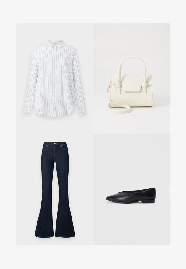 Hvid langærmet button-up skjorte med sorte lodrette striber og klassisk krave, præsenteret mod en ensfarvet baggrund.; Mørkeblå højtaljede denimjeans med flagrende ben, frontknap og lynlås samt fem-lomme design.; Sorte læder flade sko med spids tå, let hævet hæl og glat overflade. Simpelt design uden synligt hardware eller mønstre.; Lille hvid håndtaske med dobbelte håndtag, frontklap og aftagelig skulderrem med guldlås på hvid baggrund.