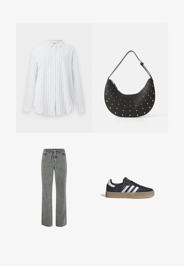 Camisa blanca de manga larga con botones, con rayas verticales negras y un cuello clásico, presentada sobre un fondo liso.; Pantalones de mezclilla gris con un ajuste relajado, cinturilla con cordón y piernas rectas. Cuenta con cinco bolsillos y detalles de costura visibles.; Zapatilla deportiva de cuero negro con tres rayas plateadas, punta texturizada y suela de goma. Cuenta con un collar acolchado y un diseño con cordones.; Bolso de mano de cuero negro con forma curva, adornado con tachuelas plateadas, cuenta con cierre de cremallera y una sola correa ajustable.