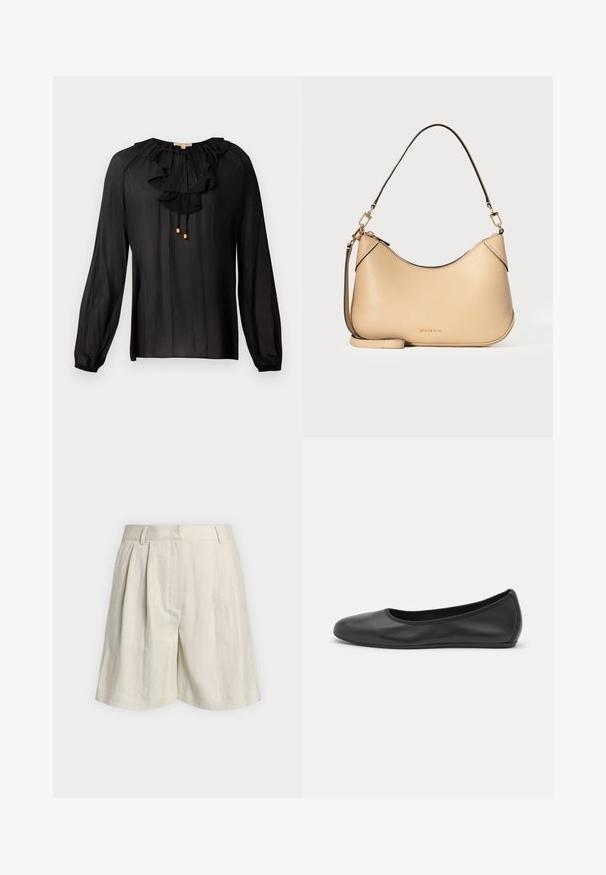 Blouse noire en tissu léger, avec un col rufflé, des manches longues avec des poignets élastiques, et des accents dorés sur les cordons.; Short beige taille haute avec passants de ceinture, plis devant et coupe large aux jambes, présenté sur un fond clair uni.; Ballerines en cuir noir avec un bout rond, texture lisse, détails de couture minimalistes et design de semelle flexible.; Sac à bandoulière en cuir beige avec bandoulière détachable, ferrures dorées et ouverture zippée sur le dessus, affichant un logo subtil de la marque au centre devant.