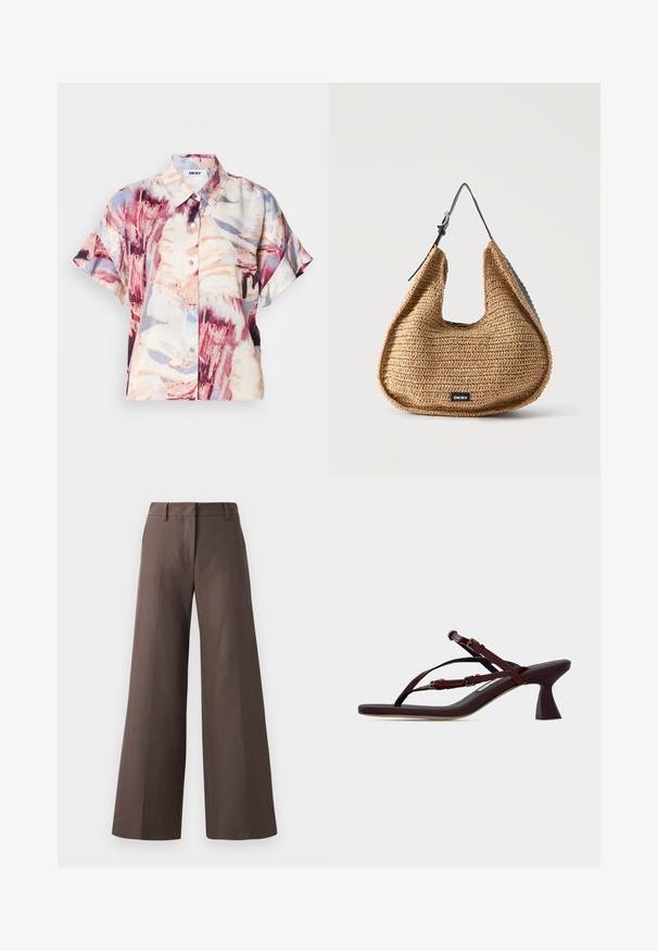 Chemisier à manches courtes avec col à revers et motif abstrait en aquarelle aux tons violet, beige et bleu clair.; Pantalons amples marron en tissu lisse ; dotés d'un devant plat, de passants de ceinture et de coutures verticales le long des jambes.; Sandale à talon rouge foncé à brides avec boucles réglables et talon mi-hauteur évasé sur une surface plane.; Sac à bandoulière marron tissé avec une sangle noire réglable et un petit logo DKNY noir à l'avant, posé sur un fond clair uni.
