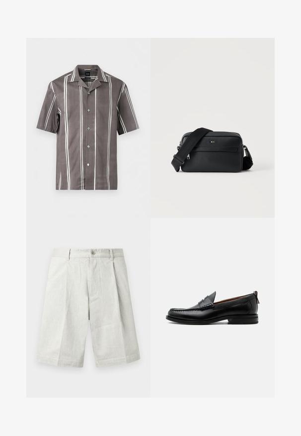Chemise marron à manches courtes avec des rayures verticales blanches et un col camp, posée à plat sur un fond blanc.; Shorts gris clair en tissu texturé, dotés d'une fermeture à bouton, de plis et d'une coupe droite, adaptés à une tenue décontractée.; Mocassin homme en cuir noir avec couture moc toe, bride penny, col texturé et petit talon empilé sur fond blanc.; Sac bandoulière en cuir noir texturé avec poche avant zippée et bandoulière large en tissu réglable sur fond blanc.