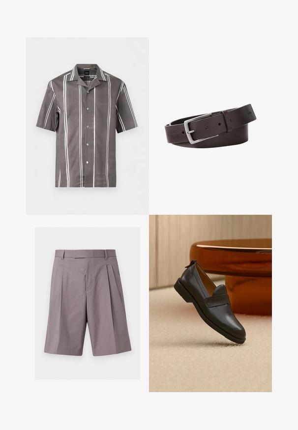 Chemise marron à manches courtes avec des rayures verticales blanches et un col camp, posée à plat sur un fond blanc.; Shorts violets clairs sur mesure à hauteur du genou avec passants pour ceinture, plis à l'avant et fermeture éclair dissimulée.; Mocassin en cuir noir à talon bas flottant au-dessus d'un tapis beige, à côté d'une table brillante couleur ambre dans une pièce minimaliste.; Ceinture en cuir marron foncé avec une boucle rectangulaire en métal argenté et une surface texturée, roulée avec les trous de la ceinture visibles.