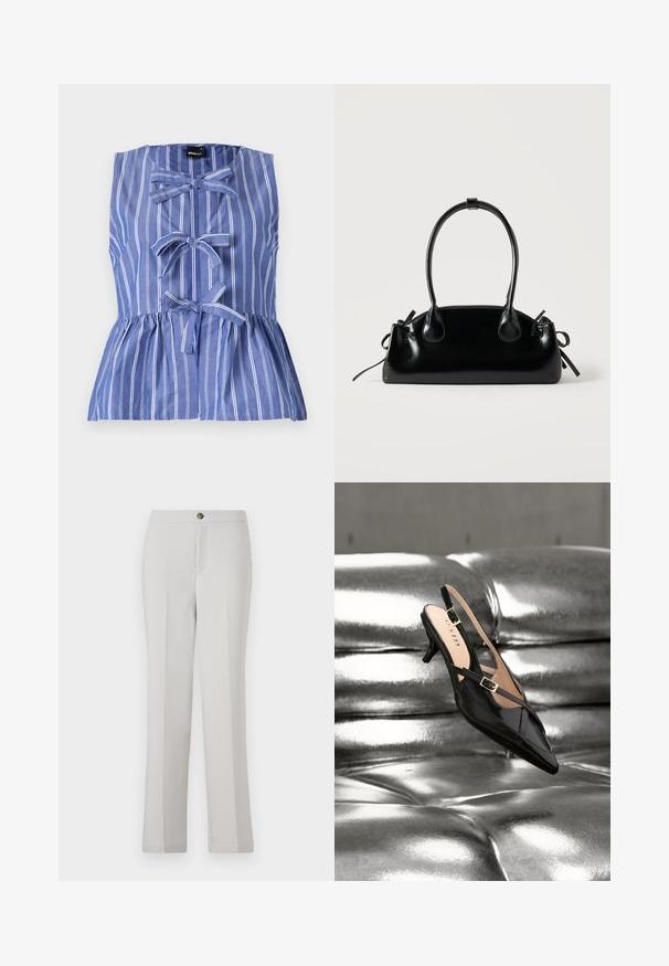 Blå og hvid stribet ærmeløs top med peplum-silhuet, sløjfede detaljer og knaplukning foran.; Lysegrå lige bukser lavet af glat stof, med frontknaplukning, sidelommer og en skræddersyet pasform.; Sort laklæder slingback kitten hæl med guldlås, der hviler på skinnende sølv tuftet læderpolstring.; Lille sort blank håndtaske med to lange håndtag og snøre-detaljer i siden på en ensfarvet lys baggrund.