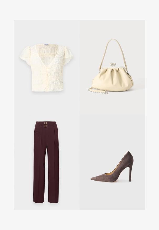 Haut à manches courtes crème avec une texture froncée, encolure en V et fermeture à boutons. Tissu léger avec de subtils volants aux manches.; Pantalon taille haute de couleur bordeaux foncé avec deux sangles à boucle dorée en haut et une coupe droite.; Escarpin en daim gris à talon haut avec un bout pointu et une silhouette épurée. Présente une finition lisse et un talon étroit pour un look moderne.; Sac à main en cuir souple couleur crème avec un design froncé, fermoir cadre argenté, poignée courte et bandoulière chaîne amovible.