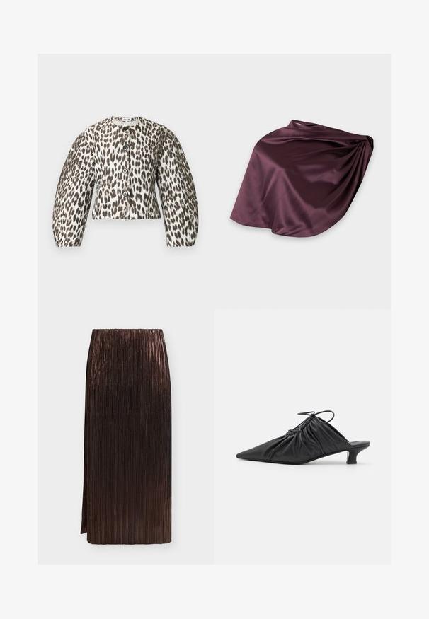 Leopard print cropped jacket with large puff sleeves, brown and cream colors, featuring five dark buttons down the front and a round neckline.; Dark brown metallic pleated midi skirt with a high waist and side slit on a plain light background.; Black leather slip-on mules with a pointed toe, gathered texture, and a small kitten heel. Features a drawstring detail at the opening.; Dark purple satin midi skirt with a smooth, shiny finish and gathered detail on one side against a plain light background.