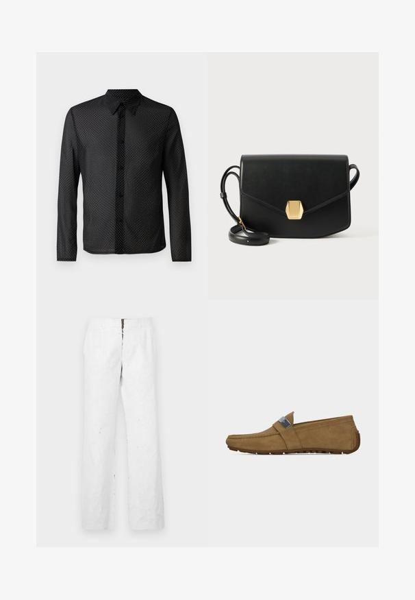 Chemise noire à motifs de pois blancs, avec un design à boutons, des manches longues et en tissu léger et transparent.; Pantalons blancs à jambes larges avec une surface texturée. Dotés d'une taille mi-haute et d'une fermeture éclair avant avec un verrouillage en métal.; Mocassin en daim brun clair avec un embout arrondi, des détails cousus et une semelle en caoutchouc dotée de coussinets antidérapants visibles au talon et sous la semelle.; Sac à main en cuir noir de forme rectangulaire, avec une fermeture magnétique et un accent doré. Equipé d'une bandoulière amovible pour plus de polyvalence.