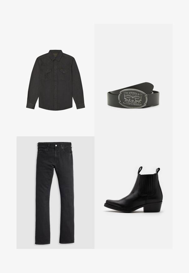 Mørkegrå skjorte med lange ærmer, knapper, spidst krave og to forlommer med klapper og knapper samt synlige syningsdetaljer.; Sorte denimjeans med et lige snit, to forlommer og en linning med knap- og lynlåslukning. Glat tekstur, ingen mønstre.; Kentucky's Western Cowboy- / bikerstøvlette - black; Sort læderbælte med en sølvfarvet oval spænde dekoreret med præget grafik og tekst, herunder et hestemotiv og mærkenavn.