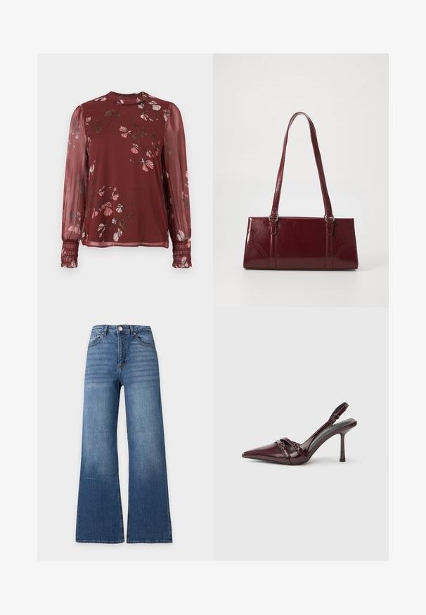 Blouse bordeaux transparente à manches longues avec imprimé floral rose, col montant à volants et poignets froncés.; Jean en denim bleu taille haute avec jambes larges, bouton sur le devant, fermeture éclair et design classique cinq poches sur un fond clair uni.; Escarpin slingback en cuir verni bordeaux avec bout pointu, fine bride à la cheville et petit détail décoratif de boucle. Texture lisse et talon haut.; Sac à main bordeaux en matériau brillant, de forme rectangulaire, avec deux anses et des accents légèrement courbés à l'avant.