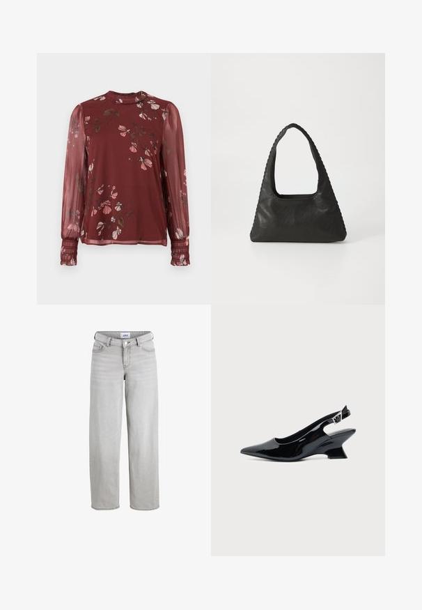 Blouse bordeaux transparente à manches longues avec imprimé floral rose, col montant à volants et poignets froncés.; Jean en denim gris clair avec une coupe décontractée, des jambes droites et une taille mi-haute. Comprend des passants de ceinture, un bouton de fermeture et des poches standards.; Chaussure slingback en cuir verni noir avec bout pointu et petit talon bloc incliné sur fond clair uni.; Sac à main en cuir noir de forme triangulaire, avec une grande poignée découpée et des coutures détaillées le long des bords. Texture lisse.