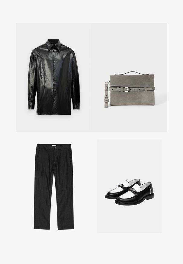 Schwarzes Hemd mit Knopfleiste und langen Ärmeln, aus glänzendem, glattem Material. Verfügt über einen klassischen Kragen und sichtbare Knopfleiste.; Schwarze gerade geschnittene Herrenhose mit vorderem Knopfverschluss, Reißverschluss und Seitentaschen, flach auf weißem Hintergrund präsentiert.; Paar schwarz-weiße Lederloafer mit goldener Kettenverzierung oben, vor schlichtem hellem Hintergrund.; Graue rechteckige Clutch aus Veloursleder mit oberem Griff, abnehmbarem Riemen und silbernem Schnallengürtel-Detail auf der Vorderklappe.