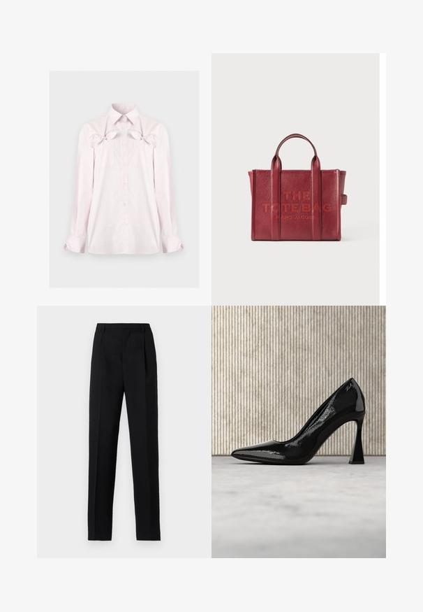 Chemise rose clair à manches longues avec boutons, col pointu, poches poitrine et nœuds décoratifs au-dessus des poches sur un fond uni.; Pantalon noir sur mesure avec une coupe droite, comprenant des plis à l'avant et une texture de tissu lisse. Taille simple sans ornements.; Escarpin en cuir verni noir avec un bout pointu et un talon aiguille courbé et anguleux, suspendu au-dessus d'un sol lisse et de couleur claire.; Sac fourre-tout en cuir rouge avec double poignées et "THE TOTE BAG MARC JACOBS" embossé au centre avant.
