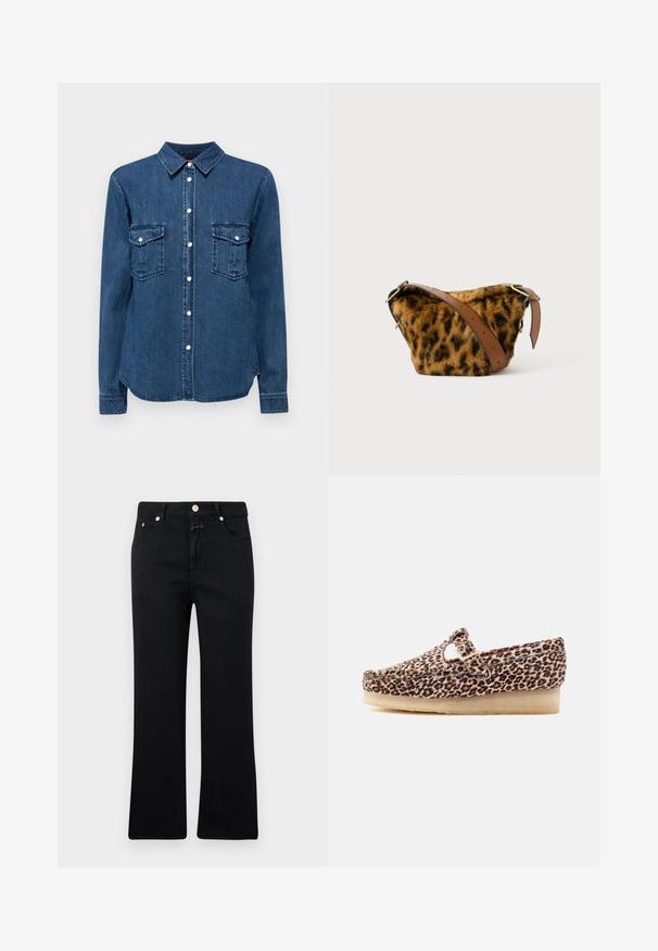 Chemise en denim bleu foncé, dotée d'un col, d'une fermeture à boutons à l'avant et de deux poches poitrine avec rabats. Manches longues avec des poignets à boutons.; Jean noir avec une coupe droite, style cinq poches, quincaillerie en métal et texture en denim douce. Minimaliste et uniforme en couleur.; Chaussure de style mocassin en tissu imprimé léopard, semelle en crêpe beige, et bride latérale à boucle sur fond blanc.; Sac en fausse fourrure imprimé léopard avec une bandoulière en cuir marron, présentant une forme arrondie et des accents en métal doré.