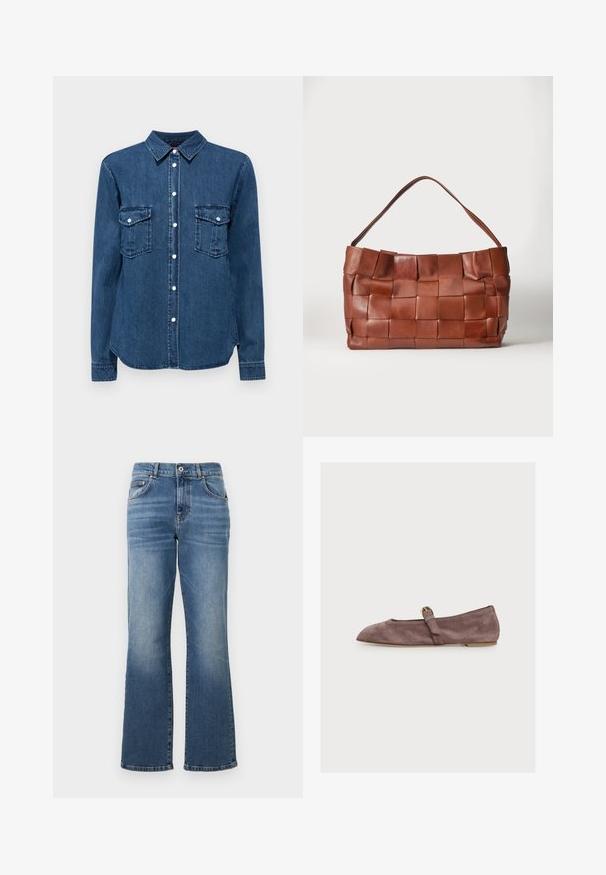 Chemise en denim bleu foncé, dotée d'un col, d'une fermeture à boutons à l'avant et de deux poches poitrine avec rabats. Manches longues avec des poignets à boutons.; Jeans en denim bleu avec une coupe droite, taille mi-haute, design à cinq poches et décoloration subtile le long des jambes.; Ballerine Mary Jane en daim marron avec une fine bride et une boucle dorée, petit talon et bout arrondi, vue de côté sur fond blanc.; Sac à main en cuir marron avec de larges lanières tissées et une seule bandoulière sur un fond clair uni.