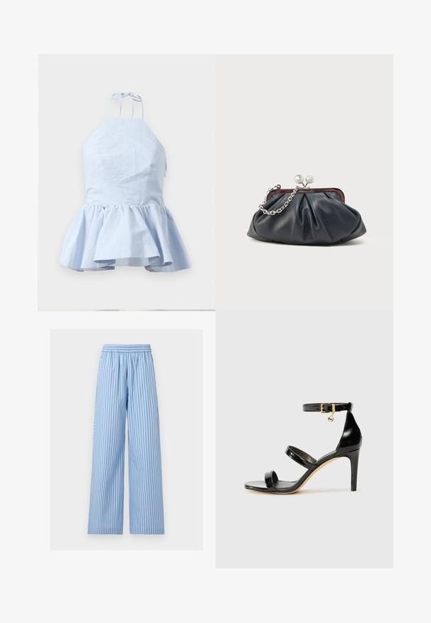 Lys blå halterneck-top med peplum-design, har tynde stropper, tekstureret stof og en samlet kant for en flared silhuet.; Lyseblå bukser med vide ben med vertikale mørkeblå striber og elastisk talje.; Sorte patenterede lædersandaler med tre stropper, ankelspænde og 10 cm stiletthæl. Har detaljer i guld og et logo charms.; Marineblå læderclutch med opsamlet design, sølvkæde og lukning med knips. Glat tekstur med en diskret glans.