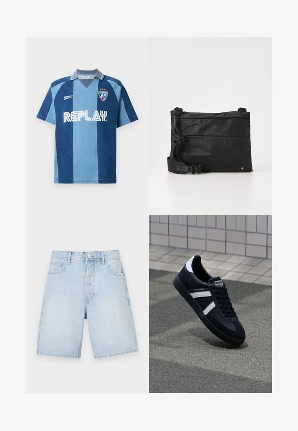 Denim-stiilis trikotaaž lühikeste varrukatega, tumeda ja helesinise riba kujundusega, V-kaelusega ja silmatorkava "REPLAY" logoga.; Heledad sinine denim lühikesed püksid sirge lõikega, esi-taskud, nööbiga kinnitamine ja juhuslik õmblus. Sile tekstuur ilma mustriteta.; Must have musta sneaker musta valgete triipudega, tekstuurne kummitald ja nööridega esiosa. Omab bränditud märki keele peal.; Mustast nailonist kullerikott reguleeritava rihmaga, lame disain ja külgedel asuv logo sildiga. Sile tekstuur ja minimalistlik stiil.
