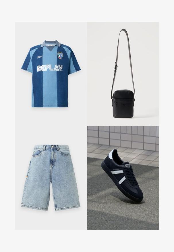Jersey inspirado en denim con manga corta, que presenta un diseño de rayas en azul oscuro y azul claro, cuello en V y el logotipo "REPLAY" destacado.; Pantalones cortos de denim azul con cintura alta, corte holgado, cinco bolsillos y detalles de costura visibles. Textura suave con un acabado de lavado claro.; Zapatilla de cuero negra con rayas blancas, suela de goma texturizada y parte frontal con cordones. Cuenta con una etiqueta de marca en la lengüeta.; Bolso bandolera rectangular de piel negra con bolsillo delantero con cremallera y correa de hombro ajustable sobre fondo liso.