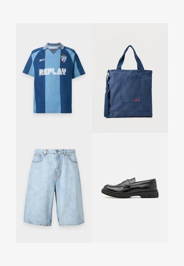 Jeans-inspiriertes Jersey mit kurzen Ärmeln, das ein dunkelblaues und hellblaues gestreiftes Design, einen V-Ausschnitt und das auffällig platzierte "REPLAY"-Logo aufweist.; Hellblaues Denim-Shorts mit lockerer Passform, ausgestattet mit zwei Fronttaschen, einem Reißverschluss und sichtbaren Nähten.; Schwarze Lederloafer mit einem breiten Riemen über dem Rist, Gummisohle mit dicken Profilen und glatter Textur. Klassisches, schlankes Design.; Blauer Canvas-Einkaufstasche mit Vordertasche und roter "O.N.S" Stickerei, ausgestattet mit zwei Griffen und einem verstellbaren Schulterriemen.
