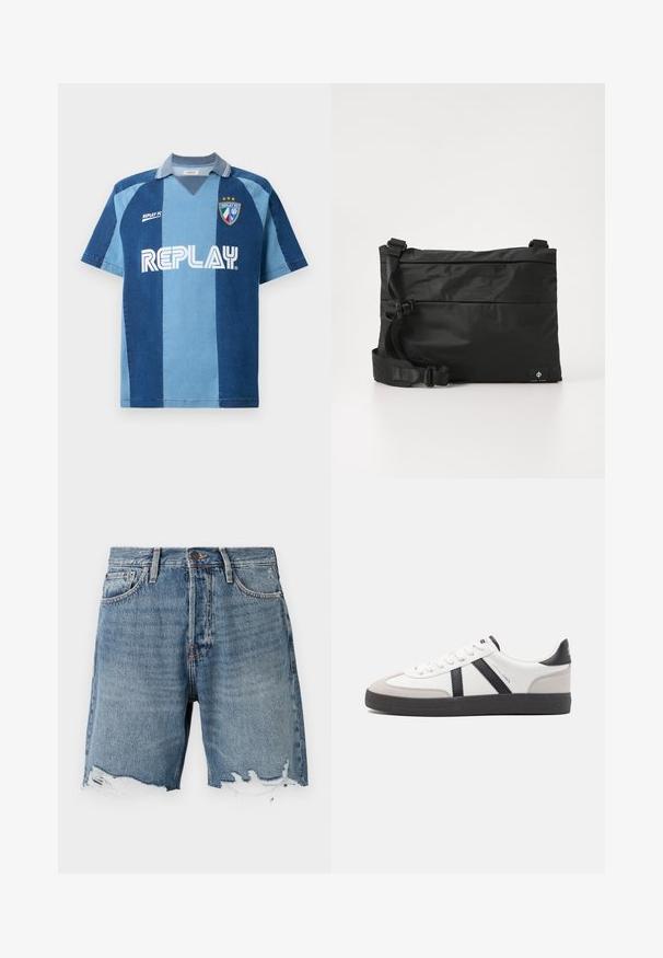 Denim-stiilis trikotaaž lühikeste varrukatega, tumeda ja helesinise riba kujundusega, V-kaelusega ja silmatorkava "REPLAY" logoga.; Heledad sinised teksapüksid, millel on kulunud äär, viie taskuga disain ja nähtav õmblus. Tal on nööbiga kinnihoidmine vööl.; Valged tossud mustade ja hallide aktsentidega, tekstureeritud halli varbakattega, musta kummitald ja lamedad valged paelad. Puhtad jooned, minimalistlik stiil.; Mustast nailonist kullerikott reguleeritava rihmaga, lame disain ja külgedel asuv logo sildiga. Sile tekstuur ja minimalistlik stiil.