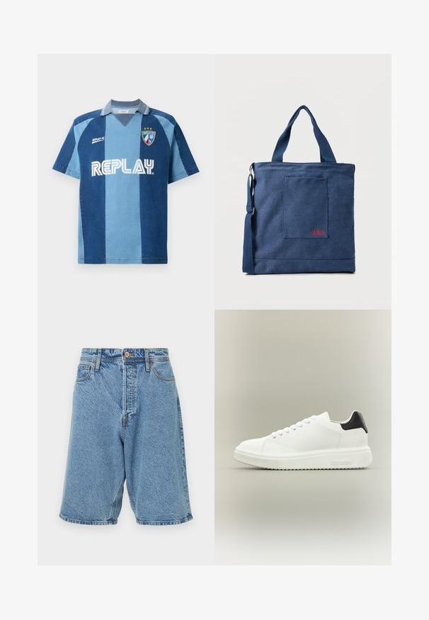 Denim-inspireret jersey med korte ærmer, der har et mørkeblåt og lyseblåt stribet design, V-hals, og "REPLAY" logoet præsenteret tydeligt.; Lysblå denimshorts med en falmet tekstur. Har en frontlukning med knap, bæltestropper og sidelommer. Kraftig syning som accent.; Hvid lav sneakers med tyk sål, snørelukning foran og sort hælstrop, mærket med "Steve Madden" på siden af sålen.; Blå lærredstote taske med frontlomme og rød "O.N.S" broderi, med to håndtag og en justerbar skulderrem.