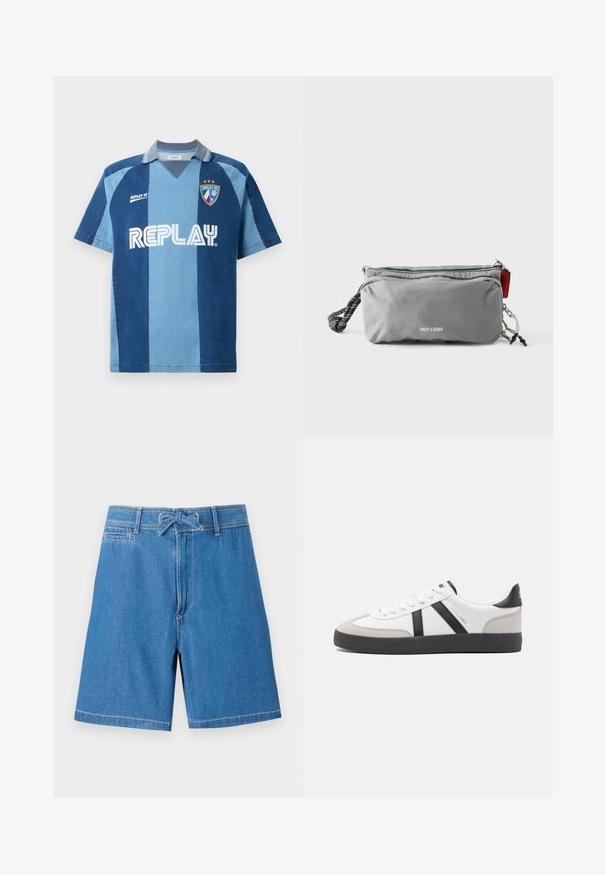Jeans-inspiriertes Jersey mit kurzen Ärmeln, das ein dunkelblaues und hellblaues gestreiftes Design, einen V-Ausschnitt und das auffällig platzierte "REPLAY"-Logo aufweist.; Hellblaue Denim-Shorts mit einem Kordelzugbund, Fronttaschen und kontrastierenden Nähten. Klassisches Design, knielanger Schnitt.; Weiße Sneaker mit schwarz- und grau-aczenten, ausgestattet mit einer strukturierten grauen Zehenkappe, schwarzer Gummi-Sohle und flachen weißen Schnürsenkeln. Sauberes Design, minimalistische Stil.; Graue rechteckige Tasche mit Reißverschlüssen, schwarz-weißem Griff aus Seil an einer Seite und dem Schriftzug "ONLY & SONS" vorne in der Mitte.