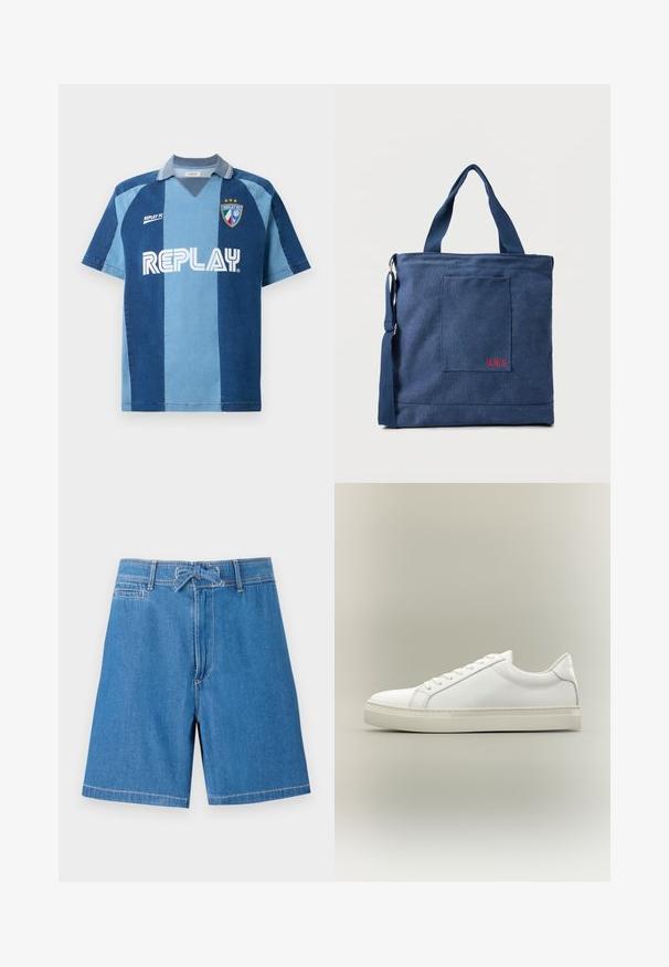 Jersey inspirado en denim con manga corta, que presenta un diseño de rayas en azul oscuro y azul claro, cuello en V y el logotipo "REPLAY" destacado.; Shorts de mezclilla en azul claro con cintura ajustable, bolsillos frontales y costuras en contraste. Diseño clásico, corte hasta la rodilla.; Zapatilla blanca de perfil bajo con cordones en la parte delantera y suela gruesa, mostrada de lado sobre un fondo neutro.; Bolso tote de lona azul con bolsillo frontal y bordado rojo "O.N.S", con asas dobles y una correa ajustable para el hombro.