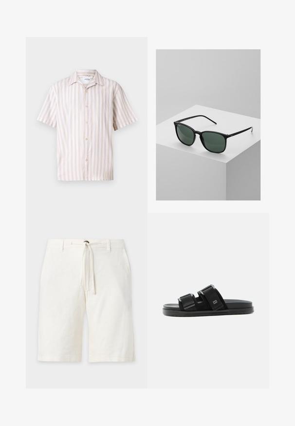 Linned kortærmet skjorte med vertikale creme- og beige striber, en klassisk krave og en frontknapstolpe med runde guldk napper.; Hvide knælange shorts med sidelommer og snøreophængning foran.; Sort slidesandale med to justerbare remme og spænder, flad sål og et lille rektangulært logo på den øverste rem.; Sorte rektangulære solbriller med mørkegrønne linser, udstyret med en let plastisk stel og sølvdetaljer på stængerne.