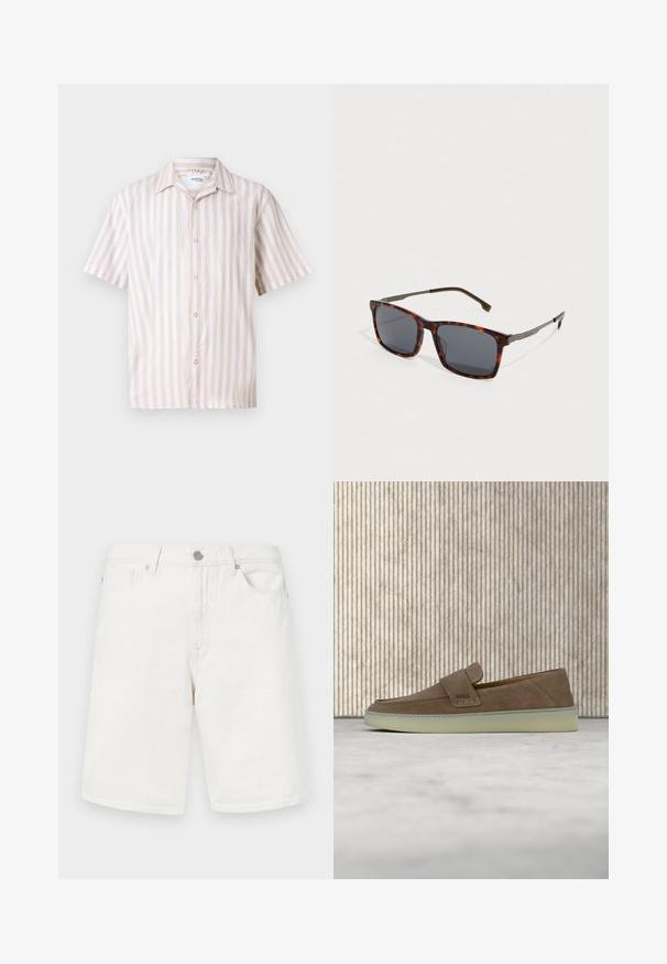 Linned kortærmet skjorte med vertikale creme- og beige striber, en klassisk krave og en frontknapstolpe med runde guldk napper.; Hvide denimshorts med lige pasform, der har forlommer, bæltestropper og metalknaplukning. Glat tekstur.; Beige ruskind slip-on loafer med hvid gummisål og BOSS-logo på sidestroppen, vist mod en ensfarvet neutral baggrund.; Rektangulære skildpadde-solbriller med mørke linser og slanke metalarme hviler på en hvid overflade.