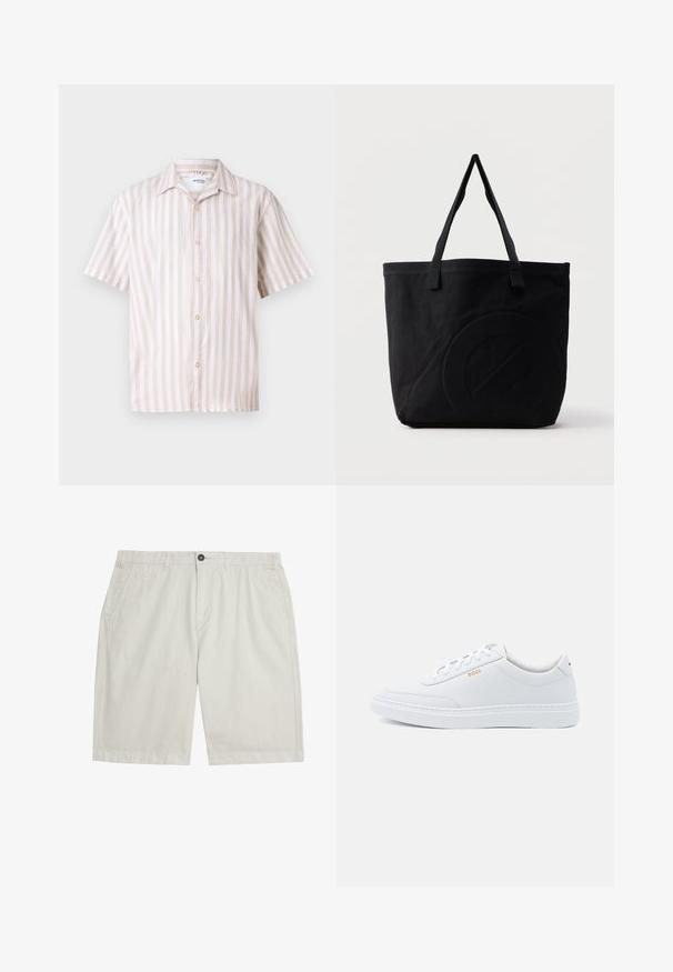 Linned kortærmet skjorte med vertikale creme- og beige striber, en klassisk krave og en frontknapstolpe med runde guldk napper.; Lyse beige knælange shorts med forlommer, bæltestropper, knaplukning og rent, glat stof.; Hvide lædersneakers med glat tekstur, rund tå og ton-i-ton syning. Har blå snørebånd og et gult logo på siden.; Sort canvas-tote-taske med to skulderstropper og et diskret præget cirkeldesign på fronten.