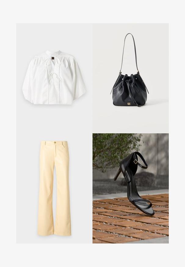 Blouse blanche avec des manches ballon froncées, un col haut, un lien de fermeture à l'avant et des plis verticaux, fabriquée dans un tissu léger et texturé.; Pantalons évasés en jaune pâle, en matériau lisse et brillant. Comprend un bouton avant, deux poches latérales et une coupe droite.; Sandale noire à talon haut avec sangle à la cheville, suspendue au-dessus d'un sol en carreaux de bois à l'extérieur, avec un arrière-plan flou de verdure et de pierre.; Sac seau en cuir noir avec fermeture à cordon, une seule bandoulière et petit logo doré "HUGO" au centre devant.
