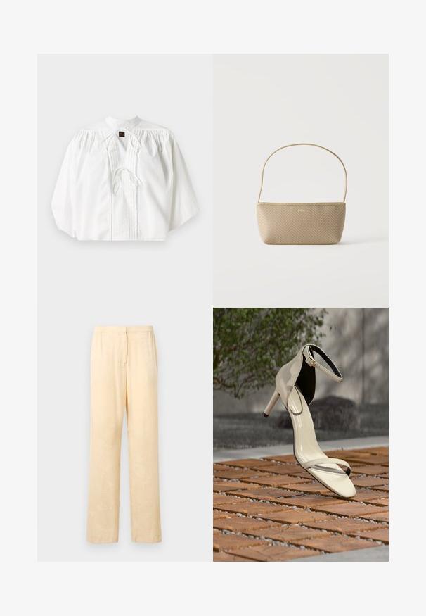 Blouse blanche avec des manches ballon froncées, un col haut, un lien de fermeture à l'avant et des plis verticaux, fabriquée dans un tissu léger et texturé.; Pantalons lâches de couleur jaune clair avec un motif de feuilles subtil. Dotés d'une taille élastique et d'une coupe droite. Texture lisse.; Sandale beige à talons hauts avec bride à la cheville posée sur des lattes en bois en extérieur, avec un arrière-plan flou de verdure et de béton.; Sac à main tissé beige avec fine bandoulière et petit logo doré "BOSS" à l'avant, présenté sur fond blanc uni.